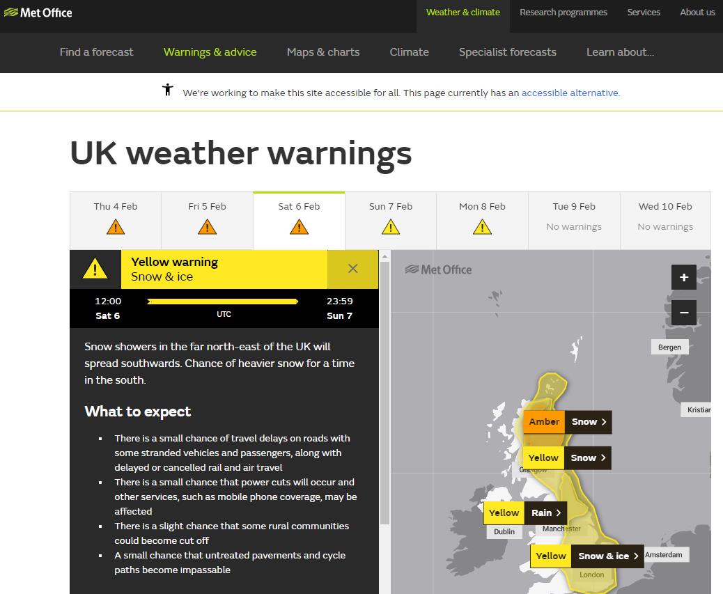 The Met Office website showing Amber snow warning for the far north-east